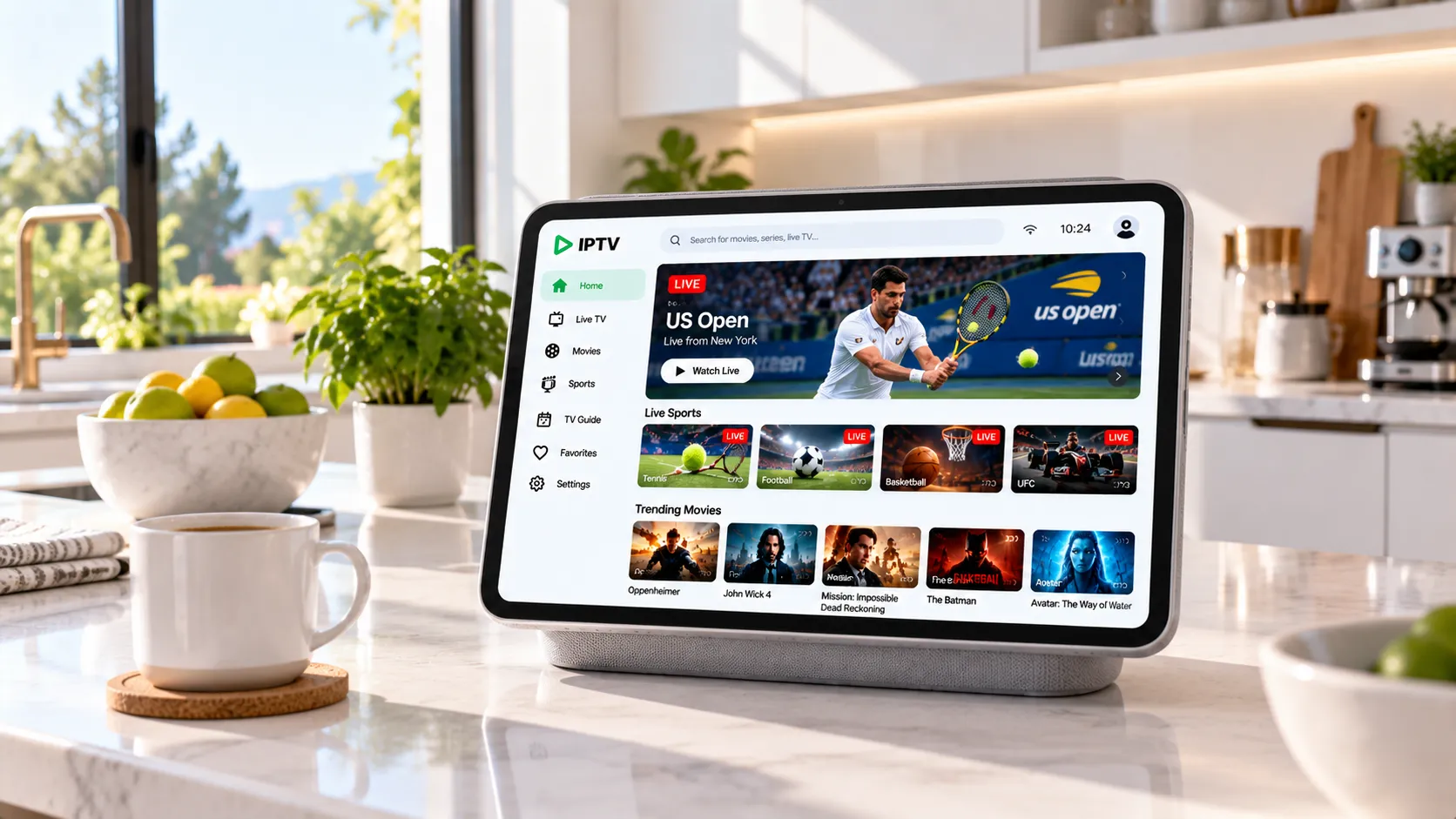 IPTV-Streaming auf einem modernen Bildschirm mit EPG-Übersicht und 4K-Kanal