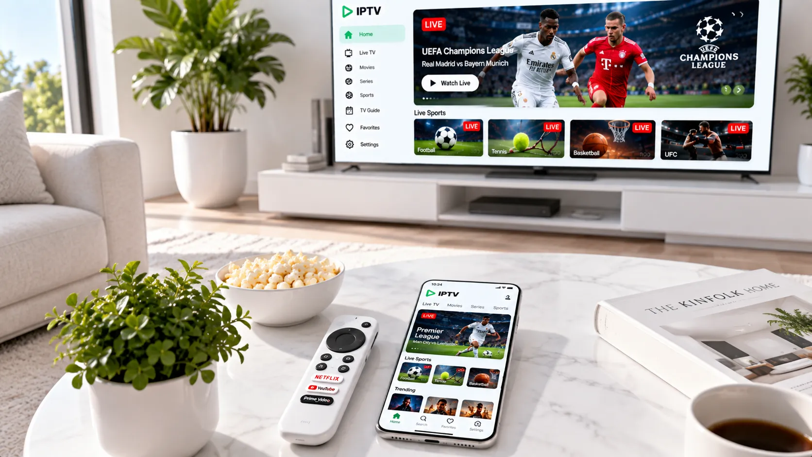 Testaufbau für IPTV-Anbieterbewertung: mehrere Streaming-Geräte und Netzwerkmessgerät im Labor-Setup