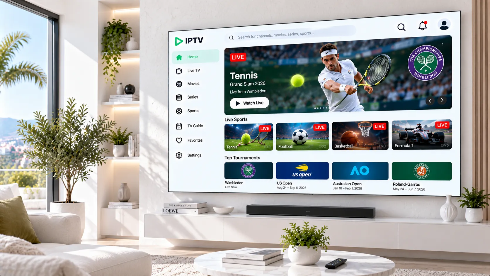 Testaufbau: mehrere IPTV-Endgeräte mit Netzwerkanalysegerät und Monitoring-Display